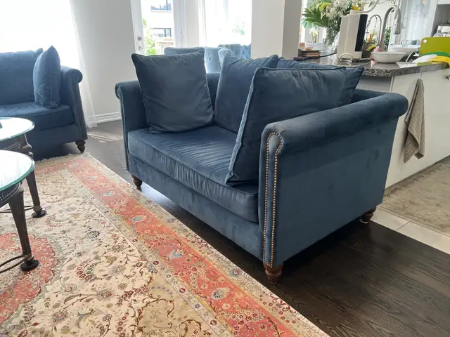 Blue Velvet Sofa, Loveseat & Oversized Armchair Set in Couches & Futons in Markham / York Region - Image 5