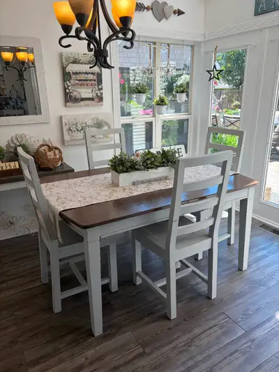 Farmhouse style table with 4 chairs, View more