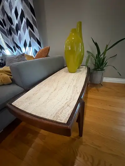 Mid Century Modern Walnut Travertine Coffee Table , View more