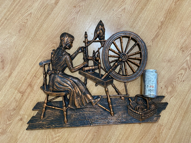 X Large 70s CopperCraft Guild Wall Hanging Girl Spinning Wheel in Arts & Collectibles in Oshawa / Durham Region - Image 2
