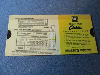 VINTAGE 1966 MOTOR DATA SLIDE CALCULATOR-SQUARE D CO-1ST/3 PHASE, View more