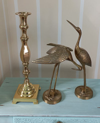 Brass Pair of Crane Bird Figurines and Candlestick (Vintage)