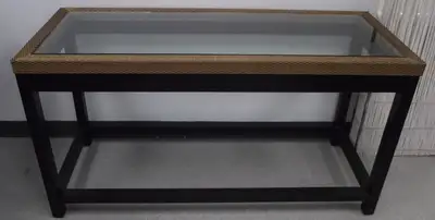 Set of 3 wood & wicker glass top tables: coffee, console, end, View more