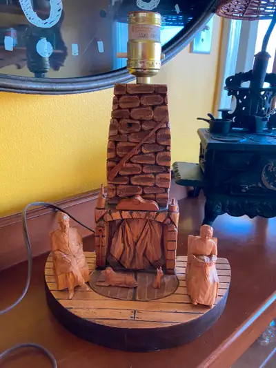 Vintage Hand-Carved Wood Lamp by Quebec Artisan Gerard Fortin. This has a Grandma and Grandpa sittin...