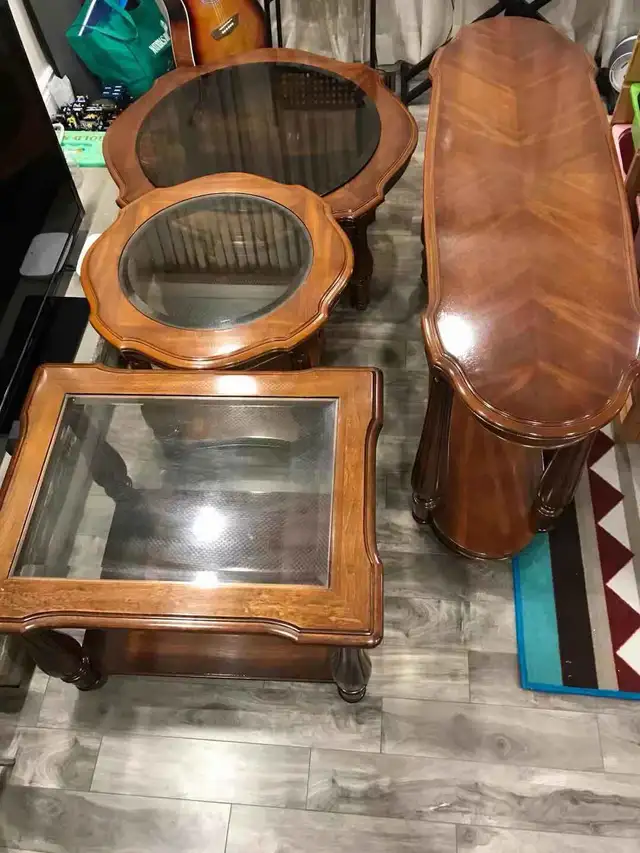 Vintage Solid Wood Table Set - Console +3 Glass Top Tables in Other Tables in Hamilton - Image 4