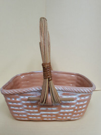 Unique Vintage Pottery Woven Basket with Twig and Twine Handle