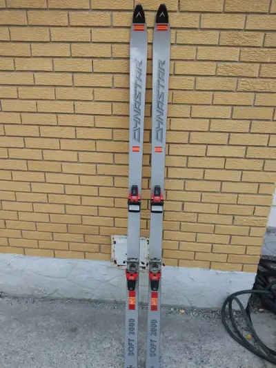 A pair of Dynaster skis with blinding, length is 186cm., View more