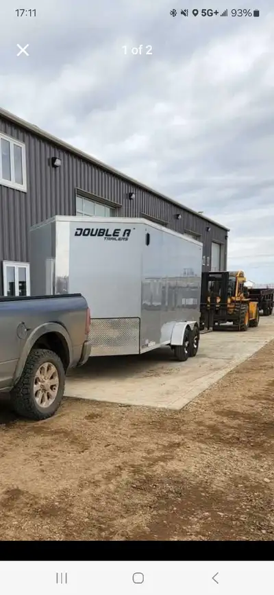 16 feet long ( plus 2.5 feet v-nose) x 7 feet wide x 7 feet high Steel frame, aluminum sides. Bought...