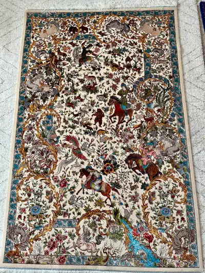 Authentic Persian Silk Rug Carpet 4x6 – Horses and Birds, View more