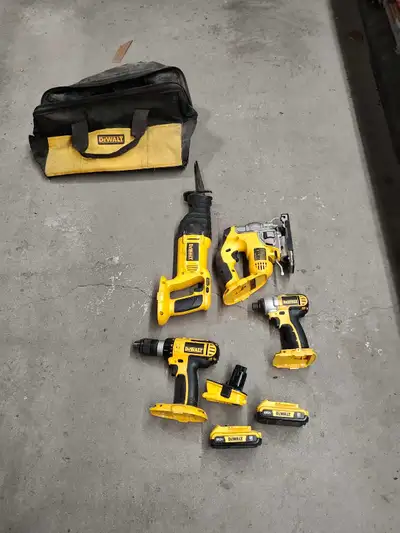 4 tools in bag with battery adapter, 2 batteries (work, but questionable) and 20v charger. Pick up I...