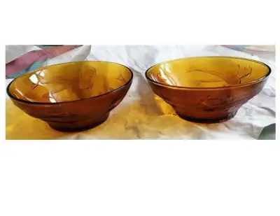 2 VINTAGE FIRNA AMBER RELIEF GLASS BOWLS  INDONESIA, View more