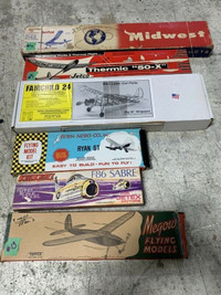 Vintage balsa flying model airplanes, glow, rubber band jetex