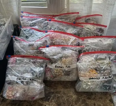An nice assortment of different beading. Bags are nice and full. Asking $20. per bag. Lots of hours...