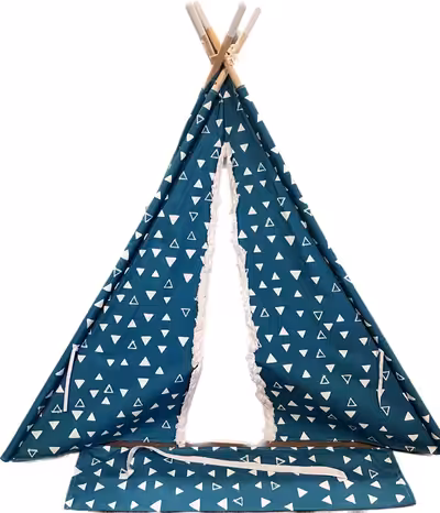 Kids teal coloured canvas play tent. 4 sided Teepee style. 3x tie closure front. Carry bag included....