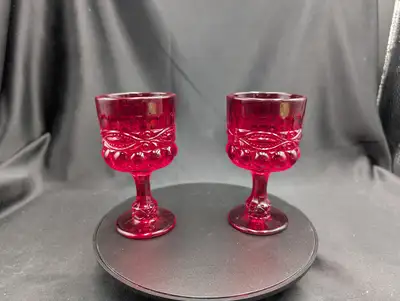 Vintage Ruby Red “Eye Winker” Glass Goblet Pair Wine Glass 4.5", View more