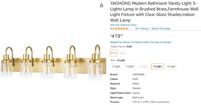 Modern Bathroom Vanity Light 5-Lights Lamp in Satin Nickle in Bathwares in Hamilton - Image 3