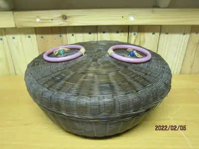 Vintage Chinese Sewing Basket  with jade ornamentation, View more