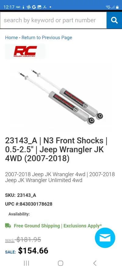 Rough Country Premium N3 Shocks Parts # RC23143 Fits 2007-2018 Jeep Wrangler JK and Wrangler Unlimit...