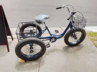 Blue Fat Tire Trike, like new condition. 7 speed with front basket and bell. It also has a rear carg...