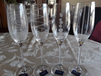 CRYSTAL ETCHED FLUTE GLASSES (4) - CHEERS, MIKASA -SIGNED -New