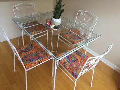 Vintage mid century wrought iron dining set glass table+4 chairs, View more