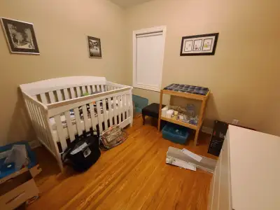 White Crib with Adjustable Height and 2-Sided Mattress, View more