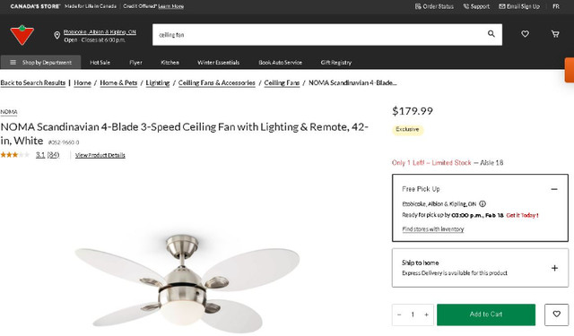 NOMA 4-Blade 3-Speed Ceiling Fan with Lighting & Remote, 42-in in Indoor Lighting & Fans in Mississauga / Peel Region