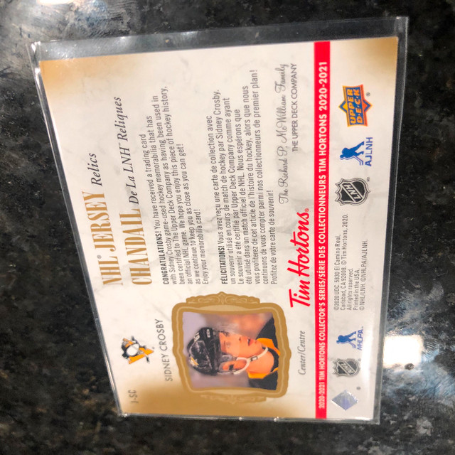 2020-21 UPPER DECK TIM HORTONS #J-SC SIDNEY CROSBY JERSEY RELICS in Arts & Collectibles in Strathcona County - Image 4