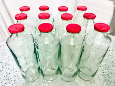 12-Piece One-Litre Clear Glass Bottles with Leak-Proof Red Lids, View more