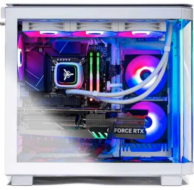 Gaming computer. Displaying RGB lighting on fans and inside the case. Clear glass panel on the side....