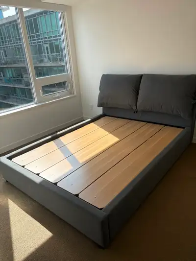 Domus Vita Design "San Diego" queen platform bed frame, bought from Costco. Modern grey textured uph...