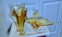 VINTAGE MID-CENTURY CHALET ART GLASS Clear Amber Large VASE 12"