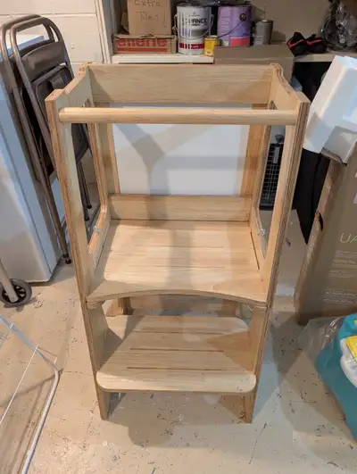 Learning tower good for kids to age 5. Very sturdy and has anti-tip legs. Used only occasionally whe...