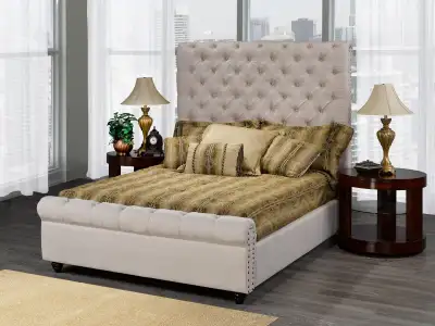 TUFTED KING PLATFORM BED IN BEIGE A TIMELESS DESIGN Uniting ageless design and elegant taste, this s...