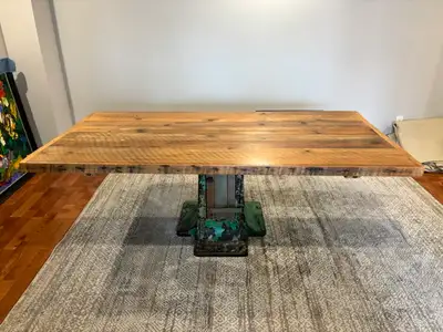 Unique Industrial Table w/ Wood Top & Vintage Cast Iron Base, View more