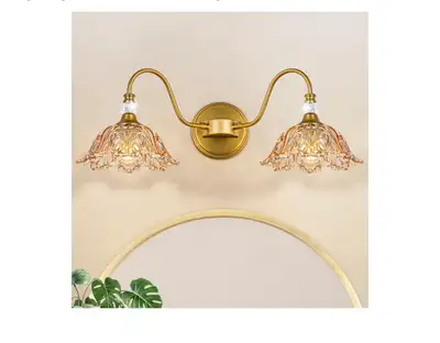 Bathroom Vanity Light, 2-Light Matte Antique Brass Finish Vanity Light with Floral Amber Glass Shade...