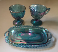 Vintage Indiana Glass Harvest Grape Blue Creamer Sugar Tray Set
