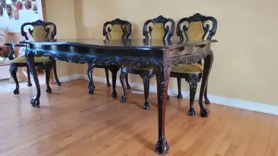 Ornate solid teak dining table and cabinet, View more