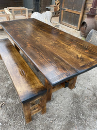 Solid wood dining table with matching bench 