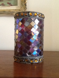 Amber/mosaic glass candle holder, includes tealight