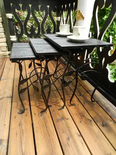3pc MCM Patio Scroll+Leaf Wrought Iron Nesting Tables, View more