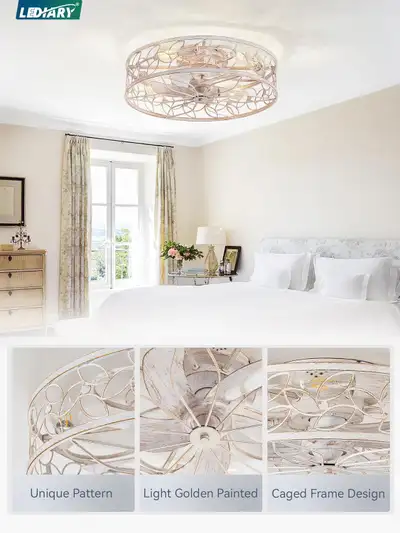 LEDIARY 23" Caged Ceiling Fan with Light – White-Gold Flush Moun, View more
