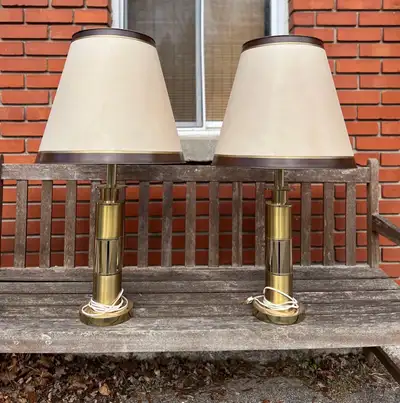 Two vintage gold and chrome Hollywood regency table lamps, View more