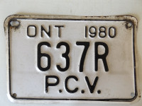 ORIGINAL EX-RARE VINTAGE 1980 ONTARIO P.C.V. LICENSE PLATE 637R