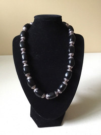 MEXICAN STERLING SILVER BLACK ONYX BEADS NECKLACE 19”