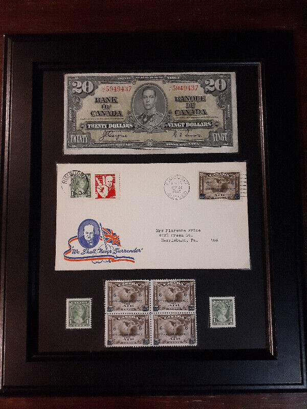 Canada 1937 coronation  ww2 and German stamps and bills framed in Arts & Collectibles in Edmonton - Image 2