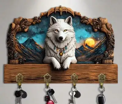 *NEW* 2-D FLAT WOODEN PANEL LONE WHITE WOLF KEYCHAIN HOLDER, View more