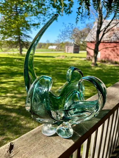 1962 vintage chalet art glass basket. Green, spike and curl style. Hand made in Canada. 15” high x 1...