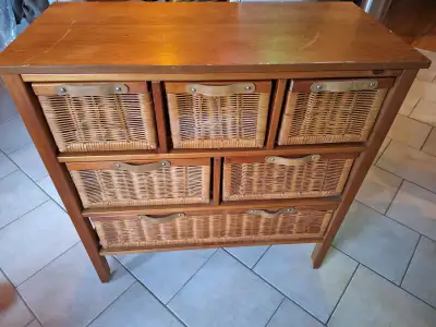 BUREAU BOIS-ROTIN 6 TIROIRS/WOOD AND RATTAN DESK WITH 6 DRAWERS, View more