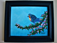 Acrylic Painting, Blue Bird on Flowering Branch